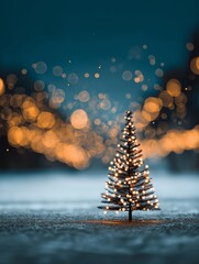 A glowing miniature Christmas tree in snow with festive bokeh lights in the background.