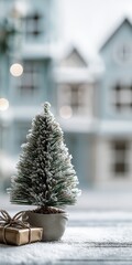Mini snow-covered Christmas tree and wrapped gift in front of a cozy village scene with bokeh lights.