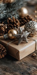 Rustic Christmas gift with pinecones, ornaments, and evergreen branches on a wooden background.
