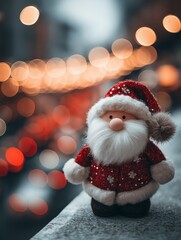 Plush Santa Claus toy on a snowy ledge with glowing Christmas bokeh lights in the background.