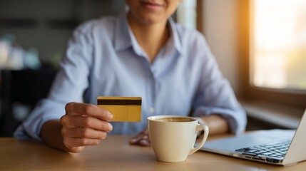 A young Asian woman holding a credit card over a coffee cup while using a laptop, showcasing online shopping at a cozy café.