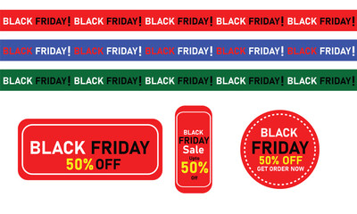 Black Friday ribbon set with colorful sale strips and bold discount badges on white background, modern promotional vector graphics for marketing and advertising campaigns