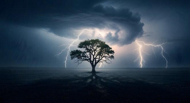 Solitary tree braves intense lightning storm heavy rain dark clouds image - Powered by Adobe