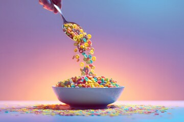 Colorful cereal rings falling into a bowl for breakfast meal
