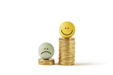 Sad and happy face on stacks of coins - Concept of economic inequality