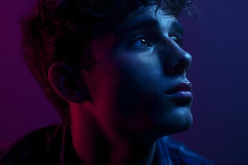 Thoughtful young man gazes into the distance with colorful lighting