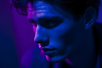 Pensive man illuminated in blue and purple light looks off into the distance