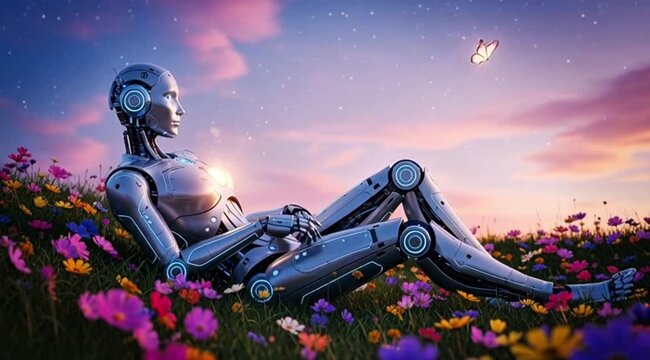 Futuristic android gently touches butterfly, lying in a vibrant field of flowers