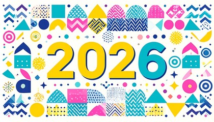 Colorful 2026 Typography with Geometric Shapes and Decorative Elements