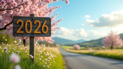 A scenic country road leading towards the future year 2026 with a sign and blooming cherry blossoms