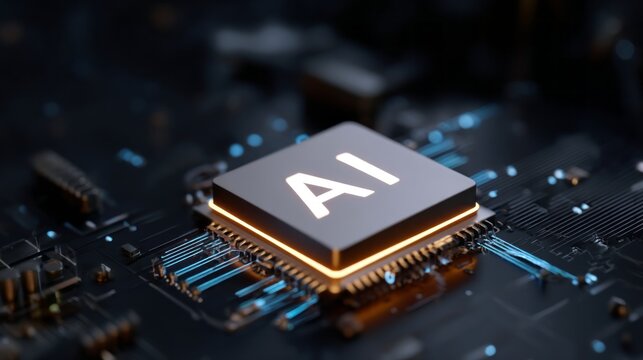 A glowing processor chip featuring the letters AI is prominently displayed. The close-up reveals detailed circuitry with blue and gold accents, showcasing advanced technology and innovation
