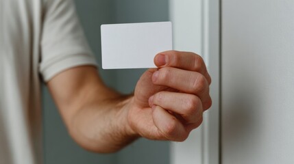 A close-up of a man holding a blank white card, showcasing the card against a minimalistic backdrop.