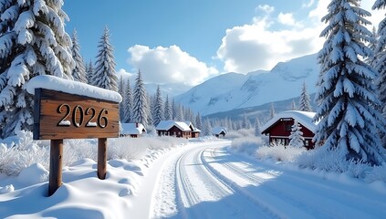 Winter Wonderland A snowy road leading to cozy cabins and the year 2026