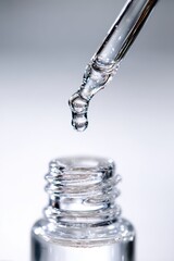 Precision Drop - Clear Liquid from Glass Pipette into Bottle, Skincare Serum Application.