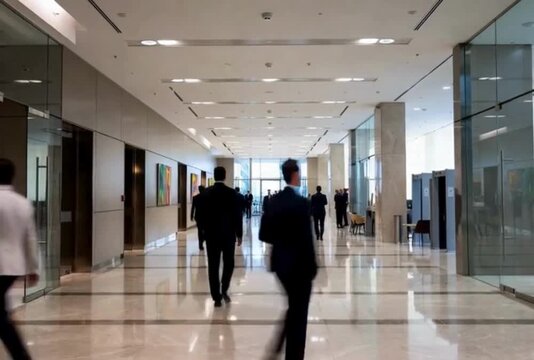 Motion of people walking in modern business lobby with marble floor and glass windows footage clip