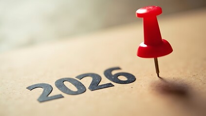Red pushpin marking the year 2026 on a rustic surface, symbolizing future objectives and strategic planning