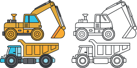 vector illustration of construction truck and bulldozer