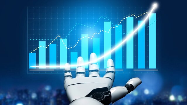 A robotic hand emerges toward dynamic charts representing data trends and growth. This image symbolizes the intersection of technology and business insights. Copula