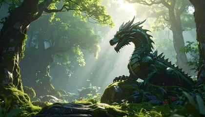 A vibrant, detailed illustration of a green dragon in a sunlit forest
