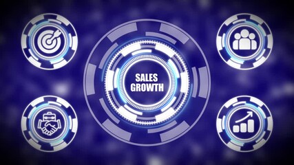 Digital interface with SALESGROWTH text in center and four smaller circular elements on blue background - Powered by Adobe