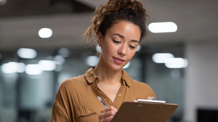 A young Hispanic woman focused on taking notes on a clipboard in a modern office environment.