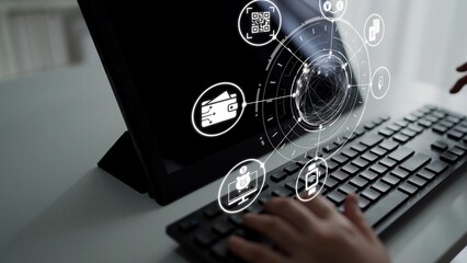 Digital wallet icons show mobile payment, digital wallet transfer, and online banking. Digital wallet supports secure payment, cashless transactions, and financial integration. Funnel