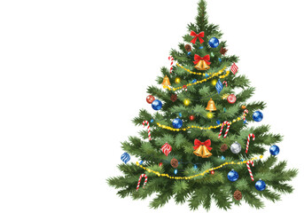 Fototapeta premium majestic evergreen christmas fir tree detailed in deep emerald watercolor, decorated with blue baubles and candy canes on transparent paper with copy space, elegant traditional holiday concept
