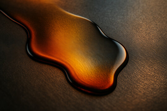 Golden amber liquid spill on dark textured surface, macro close up glowing fluid splash with rich glossy reflections, warm luminous highlights creating luxury abstract background for product design an