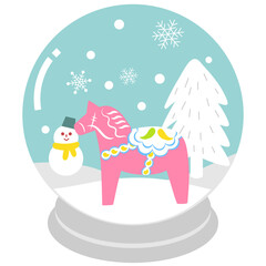 Vector illustration of a pastel Scandinavian snow globe with a pink Dala horse and snowman