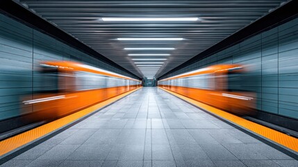 Fototapeta premium Blurred orange subway trains speeding through a modern subway station.