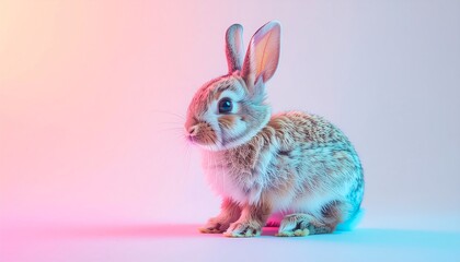 Cute rabbit sitting against a colorful background in soft pastel shades during a calm indoor moment