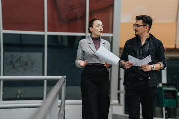Fototapeta premium A man and woman engaged in conversation while holding papers, showcasing collaboration outside a contemporary workplace.