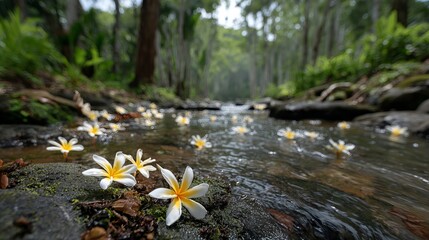White and yellow frangipani flowers by clear tropical forest stream with green mossy rocks serene spa nature background for relaxation and wellness concepts