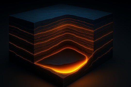 Glowing underground geological layer cross section showing illuminated strata and fluid reservoir, scientific visualization of subsurface structure revealing energy deposit formation in dark environme