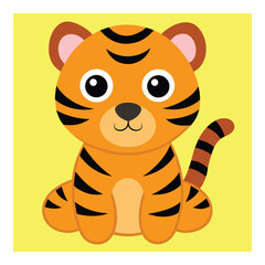 Adorable cartoon tiger cub with big eyes cheerfully sitting on a bright yellow background
