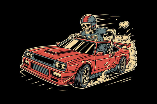 Skeleton driving a red sports car at high speed.