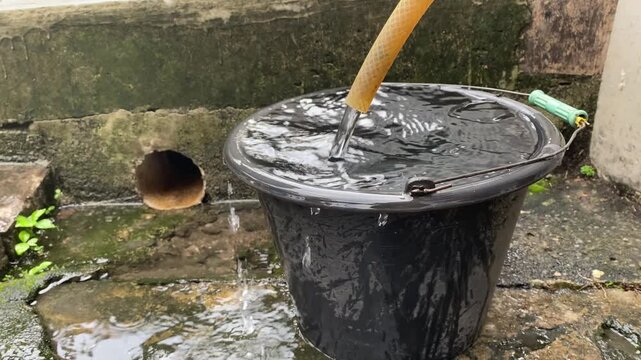 Clear water flows from a hose into a black bucket. Water is poured into a bucket. In the barrel water is collected from a hose