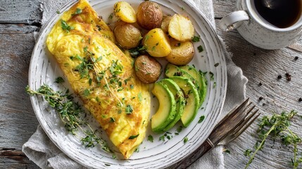 Healthy Omelette Breakfast with Roasted Potatoes, Sliced Avocado, and Coffee on Rustic Wood Table.