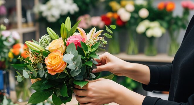 Florist arranging a vibrant bouquet of fresh flowers in a flower shop