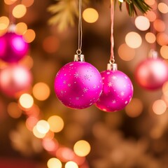 Pink christmas decorative balls hanging on bokeh lights soft background christmas background holiday background winter christmas design decoration merry celebration
