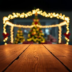 Empty wooden table for product placement or montage with focus to the table top blurred bokeh background  christmas background holiday background winter christmas design decoration merry celebration