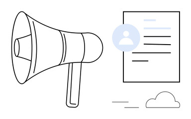 Megaphone next to a document with a profile icon emphasizing outreach, announcements, promotions, messages, recruitment, awareness campaigns, and broadcasting. Ideal for communication metaphor
