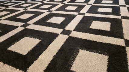 A modern black and white geometric rug. The pattern features intersecting lines and nested squares, creating a bold and stylish background suitable for home decor or design backgrounds.