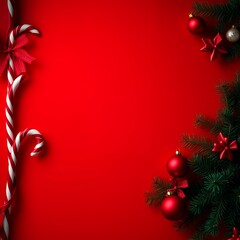 Christmas background with a red color scheme and decorations a candy cane border on the left side space for text in the center pine branches and ornaments on the right edge christmas background holida