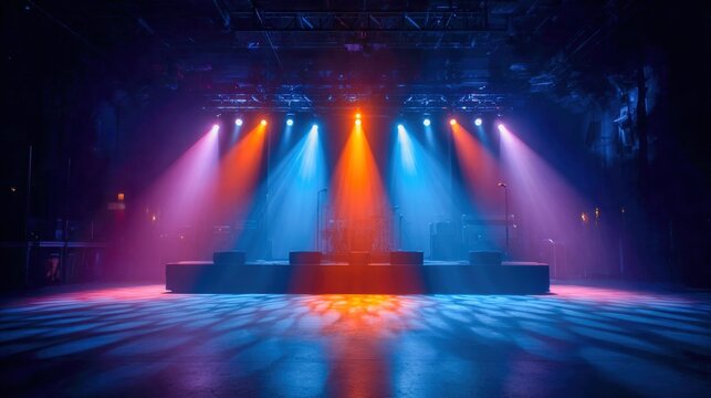 Concert stage bathed in vibrant red, blue, and orange stage lighting.