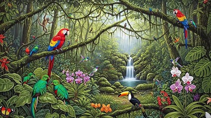 Vibrant rainforest scene with colorful birds and lush jungle plants moving