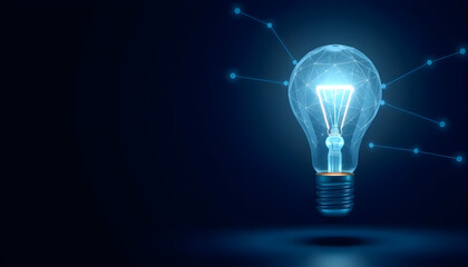 Electric light bulb bright polygonal connections on a dark blue background. Technology concept innovation artificial intelligence brainstorming business success.