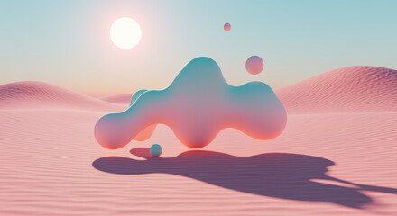 Abstract pastel shapes in desert landscape with sun and shadows