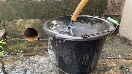 Clear water flows from a hose into a black bucket. Water is poured into a bucket. In the barrel water is collected from a hose