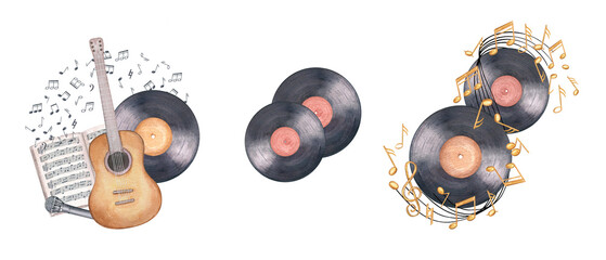 Watercolor six string guitar, microphone, vinyl record and open music notebook with musical notes illustration clip art isolated background. Composition set for themed projects, festival design.